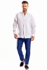 Camisa formal tipo guayabera de manga larga plisada con puños franceses para hombre, 100 % lino