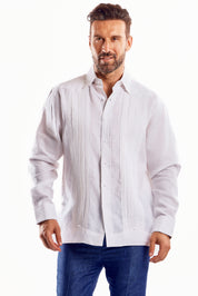 Camisa formal tipo guayabera de manga larga plisada con puños franceses para hombre, 100 % lino