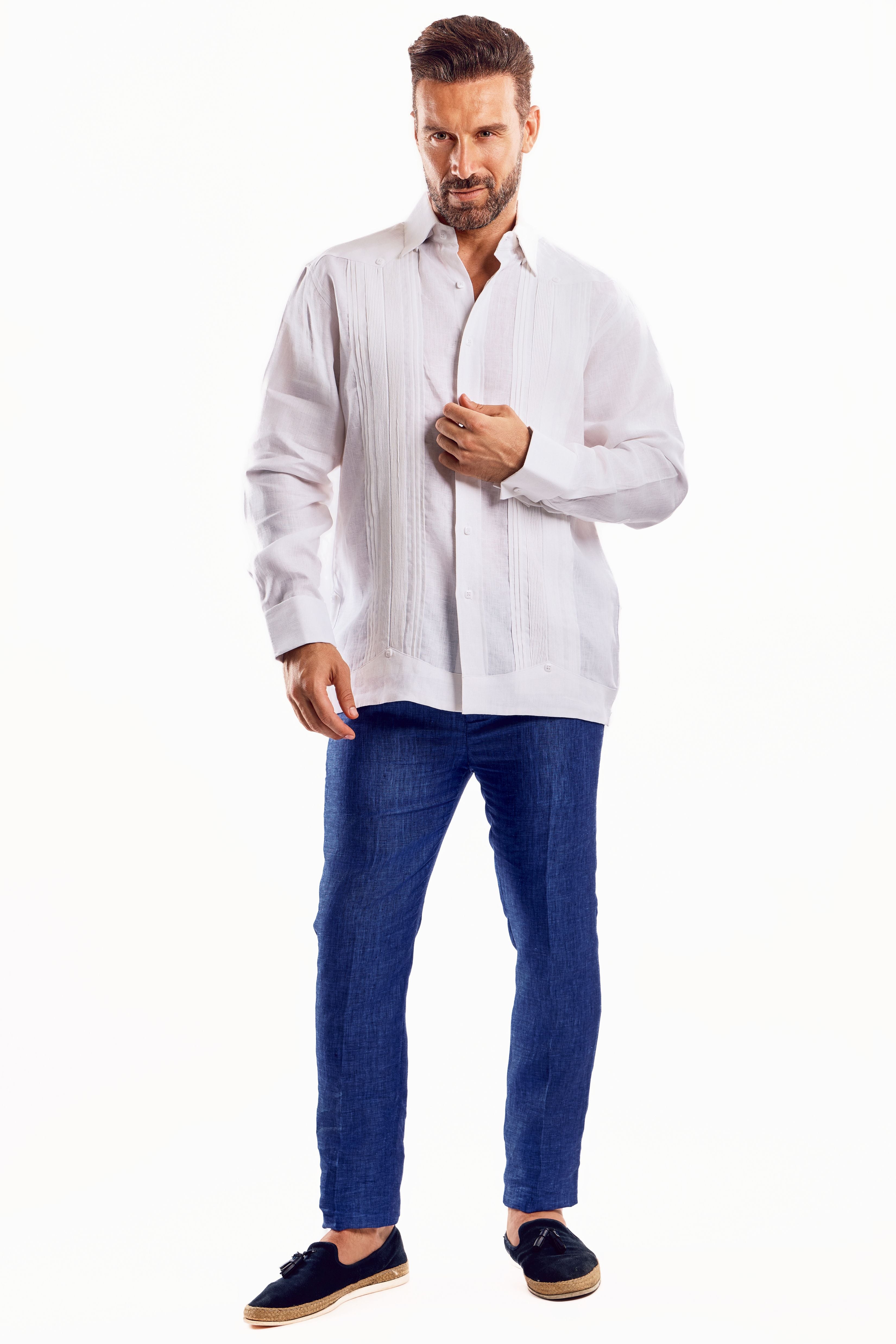 Camisa formal tipo guayabera de manga larga plisada con puños franceses para hombre, 100 % lino