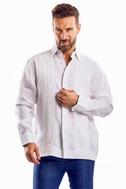 Camisa formal tipo guayabera de manga larga plisada con puños franceses para hombre, 100 % lino