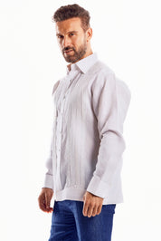 Camisa formal tipo guayabera de manga larga plisada con puños franceses para hombre, 100 % lino
