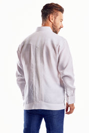 Camisa formal tipo guayabera de manga larga plisada con puños franceses para hombre, 100 % lino