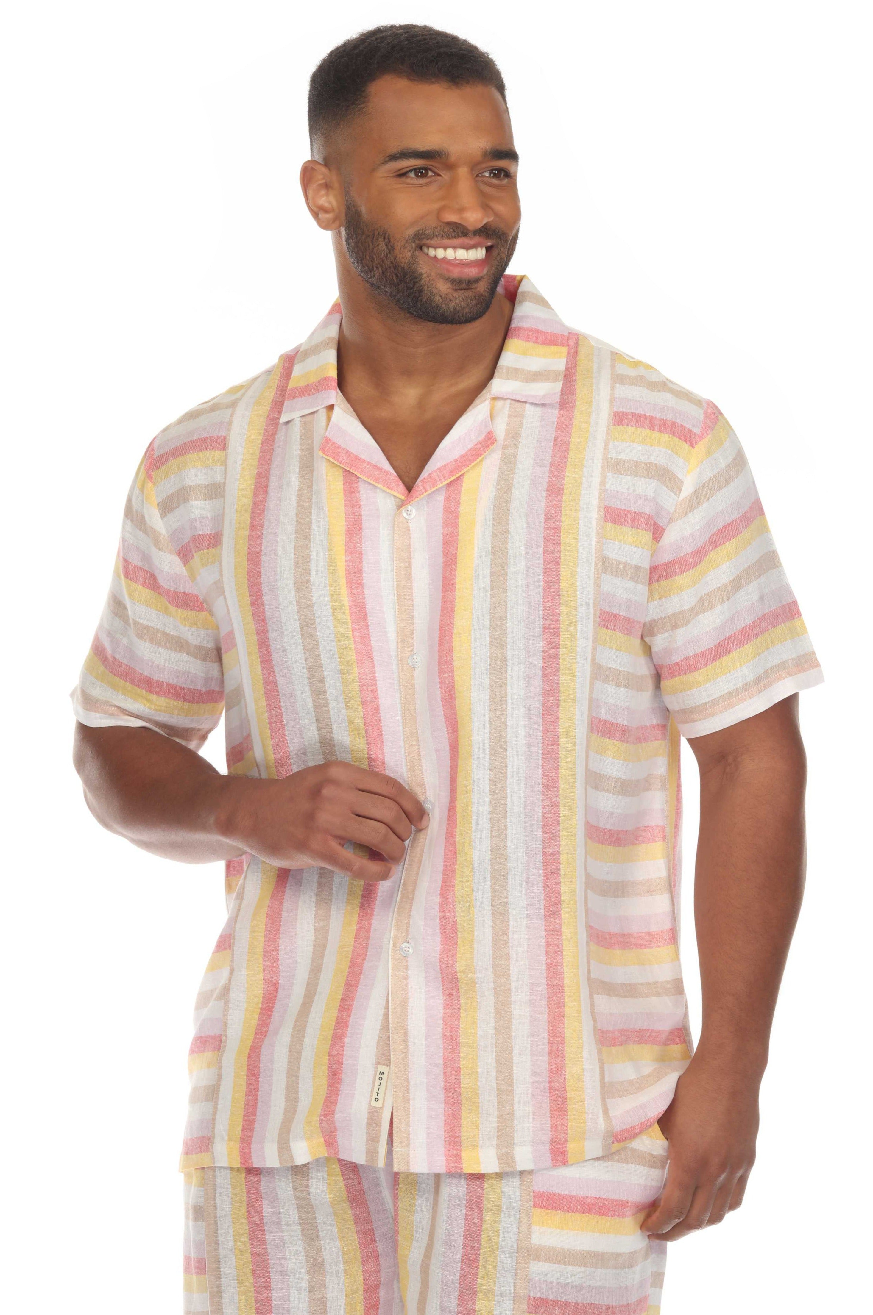 Men's Causal Beach Resort Wear Shirt Multicolor Striped Linen Blend