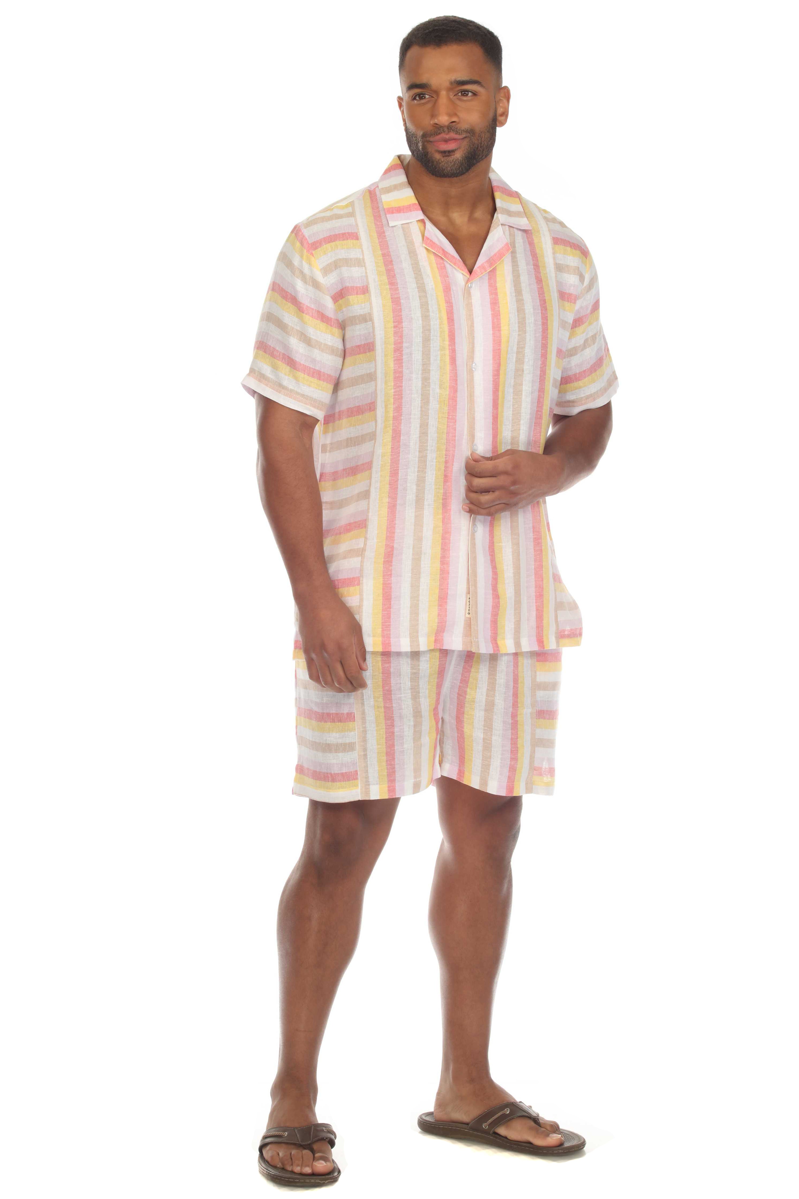 Men's Causal Beach Resort Wear Shirt Multicolor Striped Linen Blend