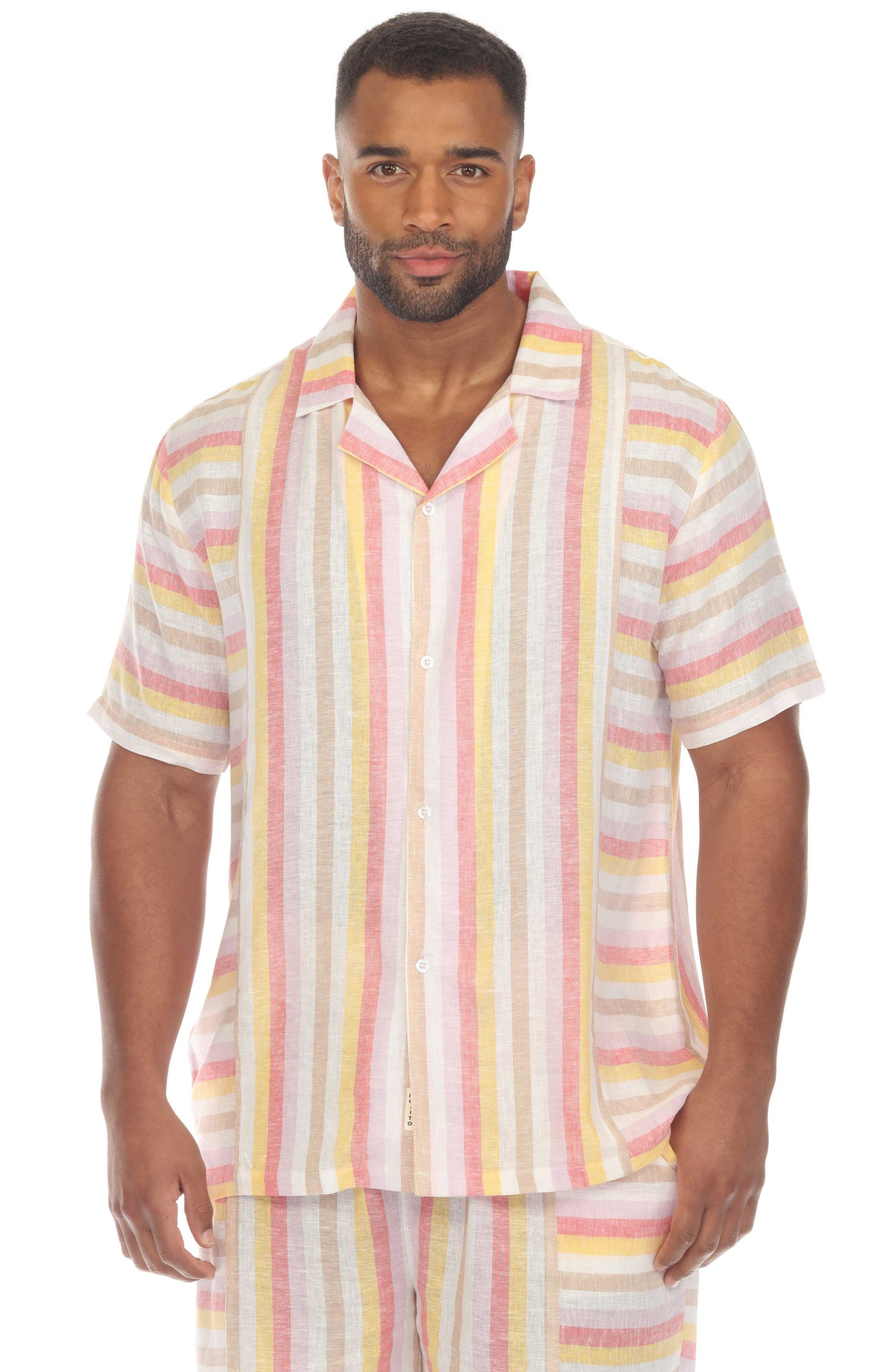 Men's Causal Beach Resort Wear Shirt Multicolor Striped Linen Blend