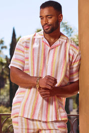 Men's Causal Beach Resort Wear Shirt Multicolor Striped Linen Blend