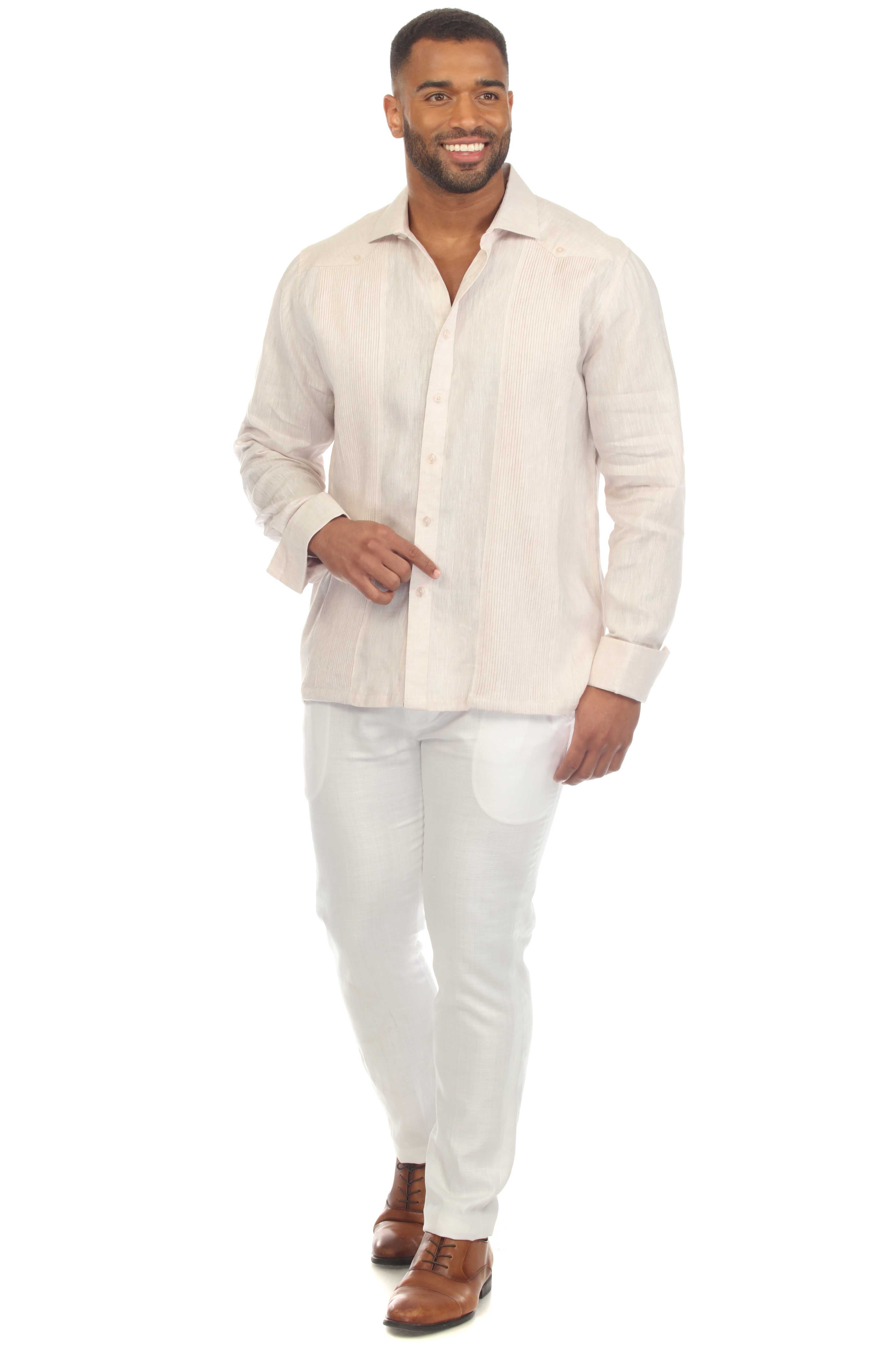 Camisa de boda guayabera 100 % lino para hombre: guayabera clásica plisada con puños franceses