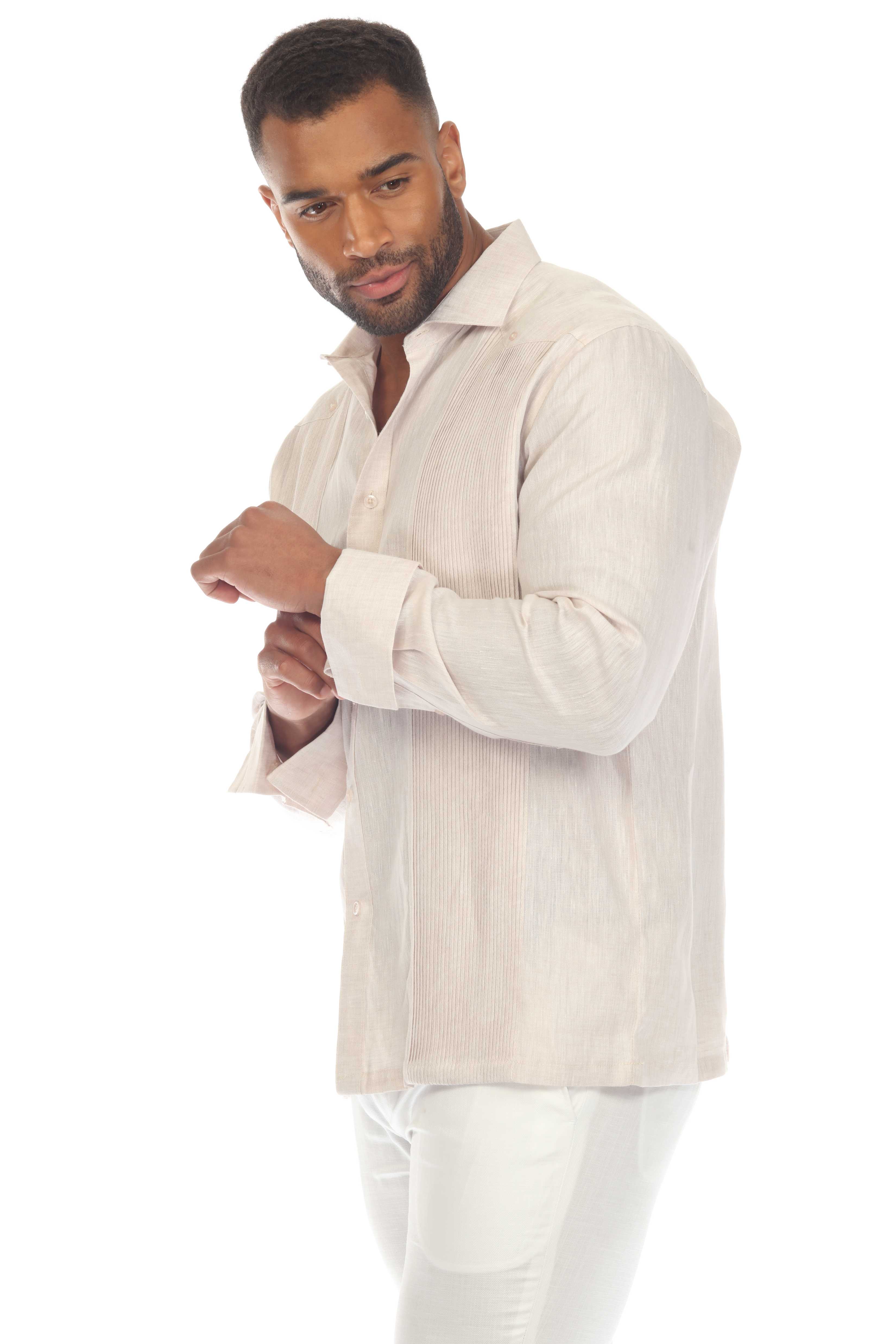 Camisa de boda guayabera 100 % lino para hombre: guayabera clásica plisada con puños franceses