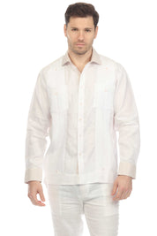 Camisa Guayabera de Manga Larga para Hombre 100% Lino con Cuello y Puños en Contraste Natural