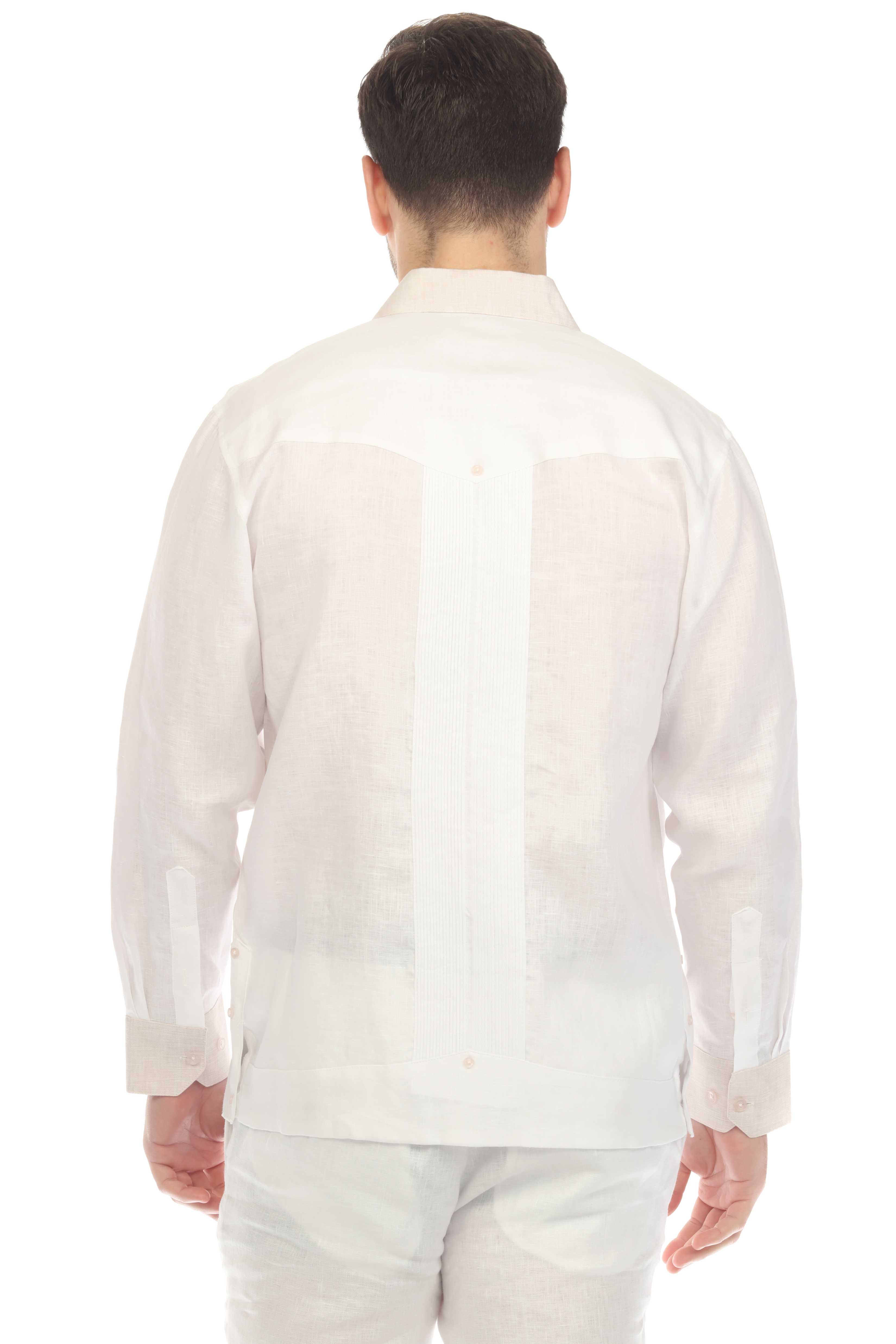 Camisa Guayabera de Manga Larga para Hombre 100% Lino con Cuello y Puños en Contraste Natural
