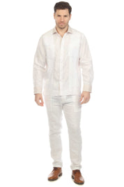 Camisa Guayabera de Manga Larga para Hombre 100% Lino con Cuello y Puños en Contraste Natural