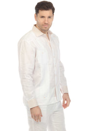 Camisa Guayabera de Manga Larga para Hombre 100% Lino con Cuello y Puños en Contraste Natural