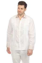 Camisa Guayabera de Manga Larga para Hombre 100% Lino con Cuello y Puños en Contraste Natural