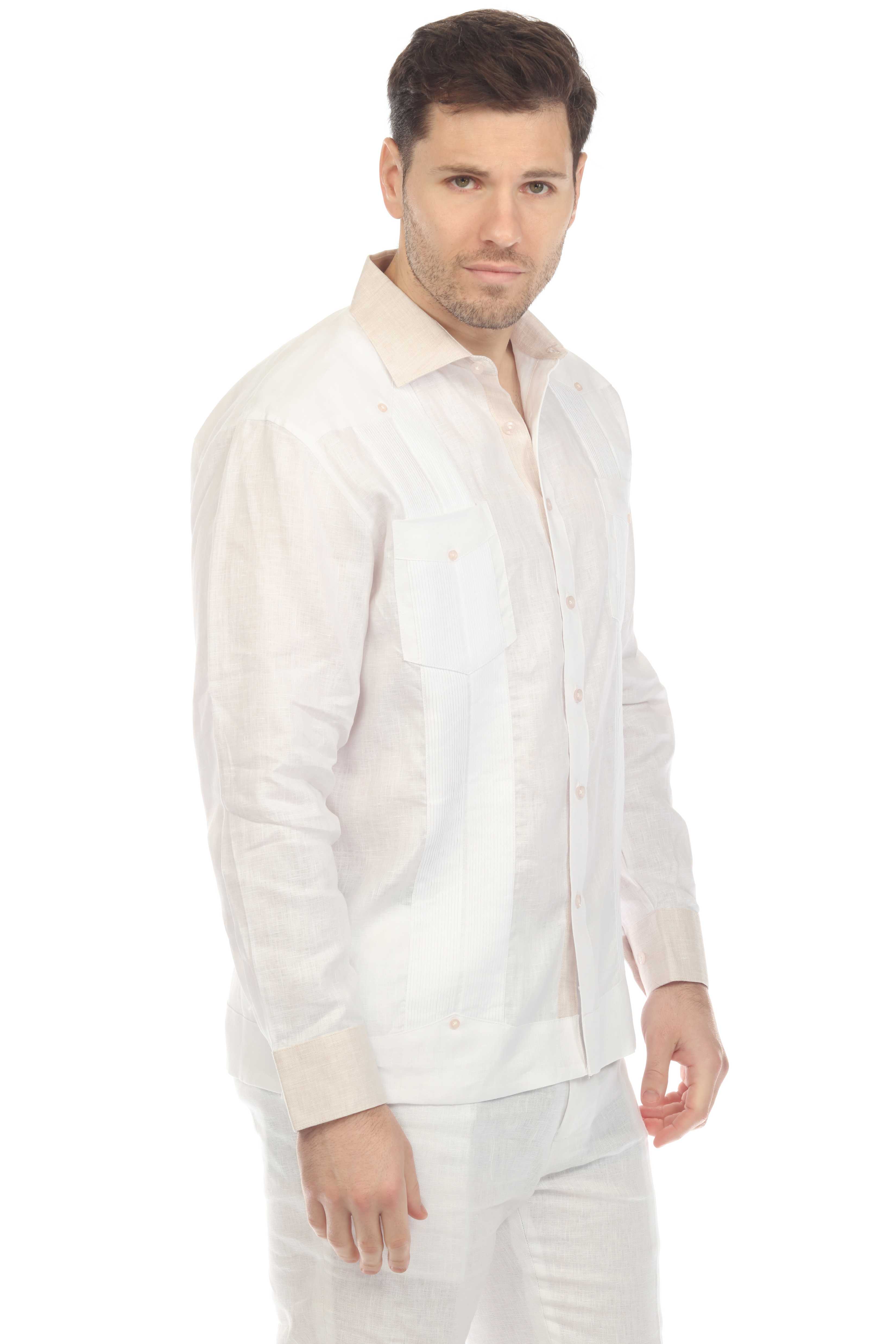 Camisa Guayabera de Manga Larga para Hombre 100% Lino con Cuello y Puños en Contraste Natural