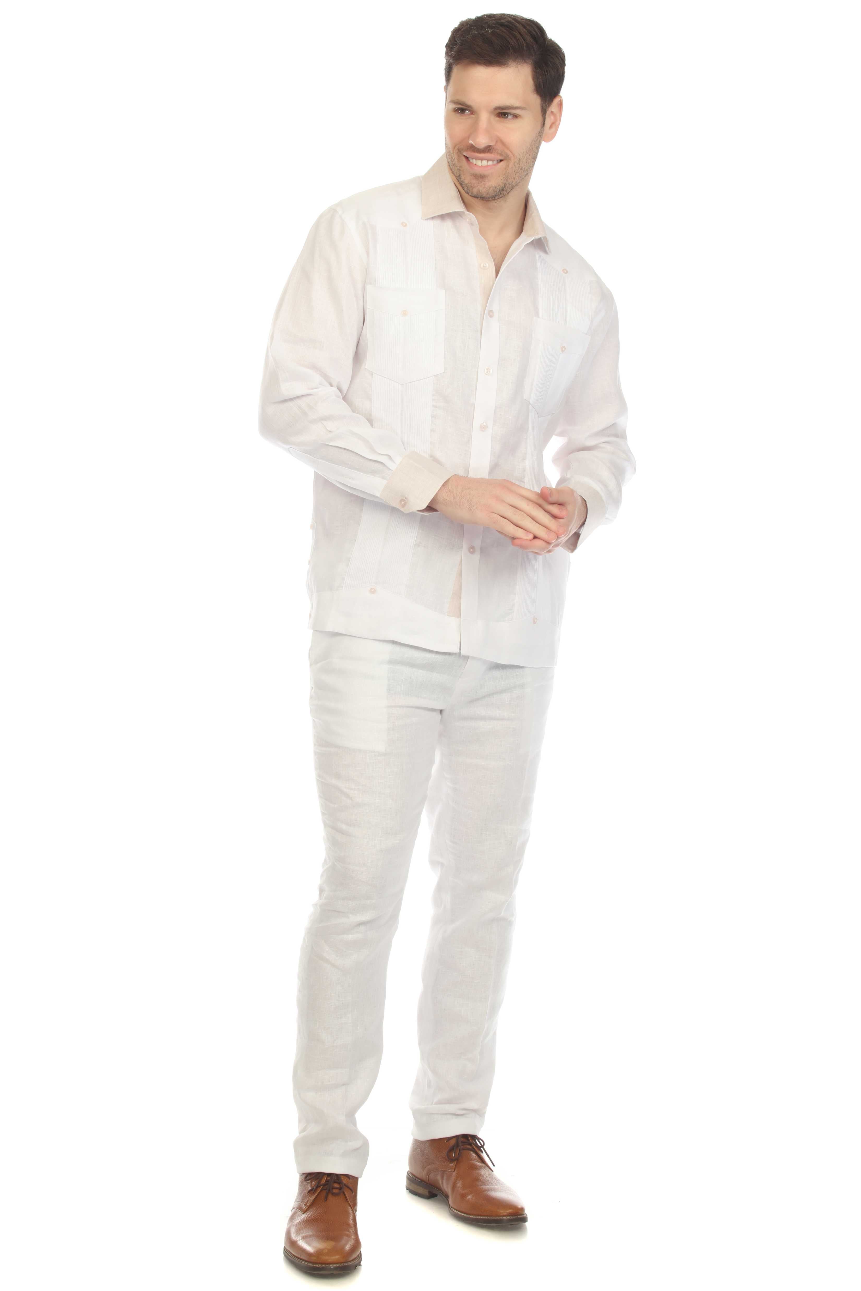 Camisa Guayabera de Manga Larga para Hombre 100% Lino con Cuello y Puños en Contraste Natural