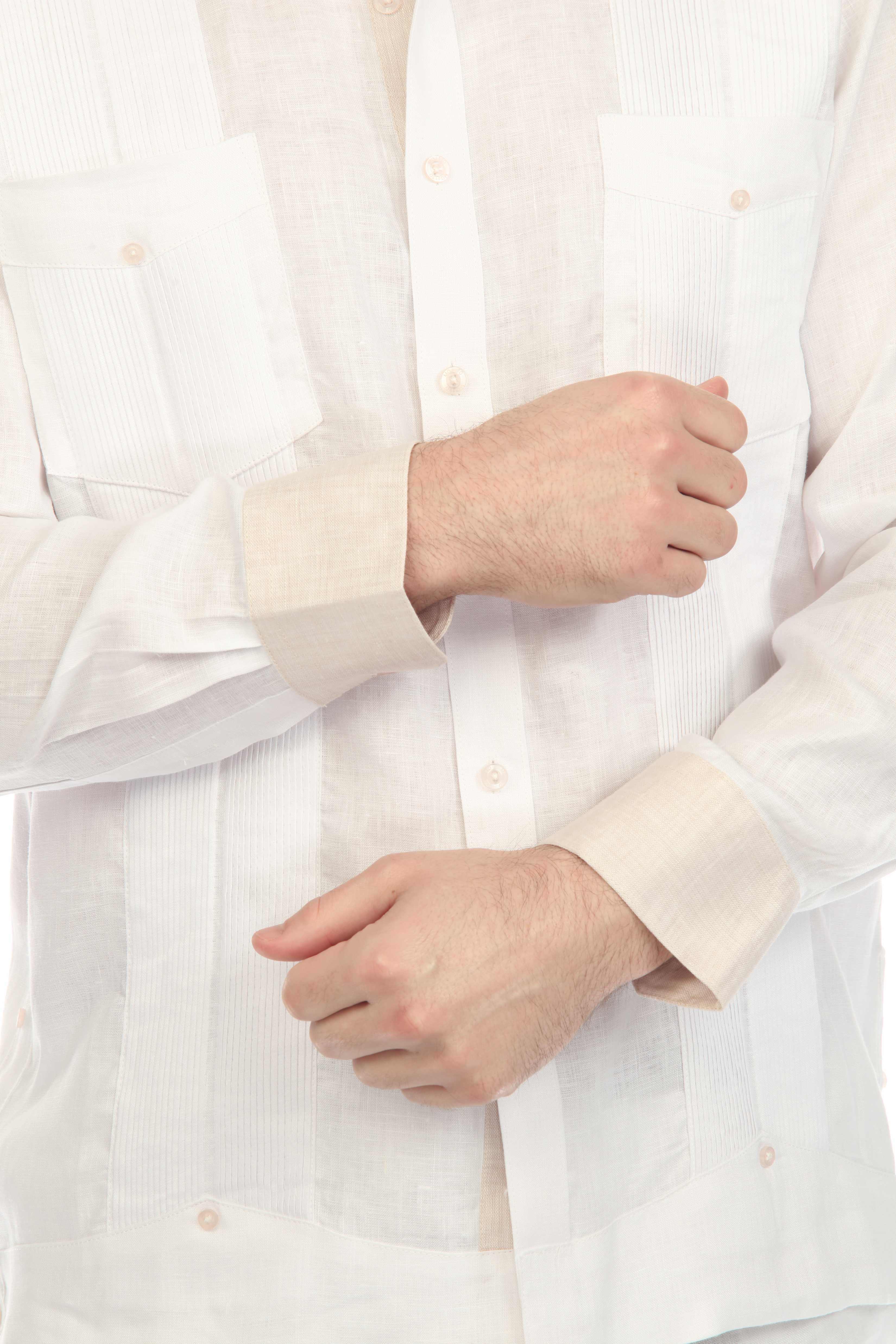 Camisa Guayabera de Manga Larga para Hombre 100% Lino con Cuello y Puños en Contraste Natural