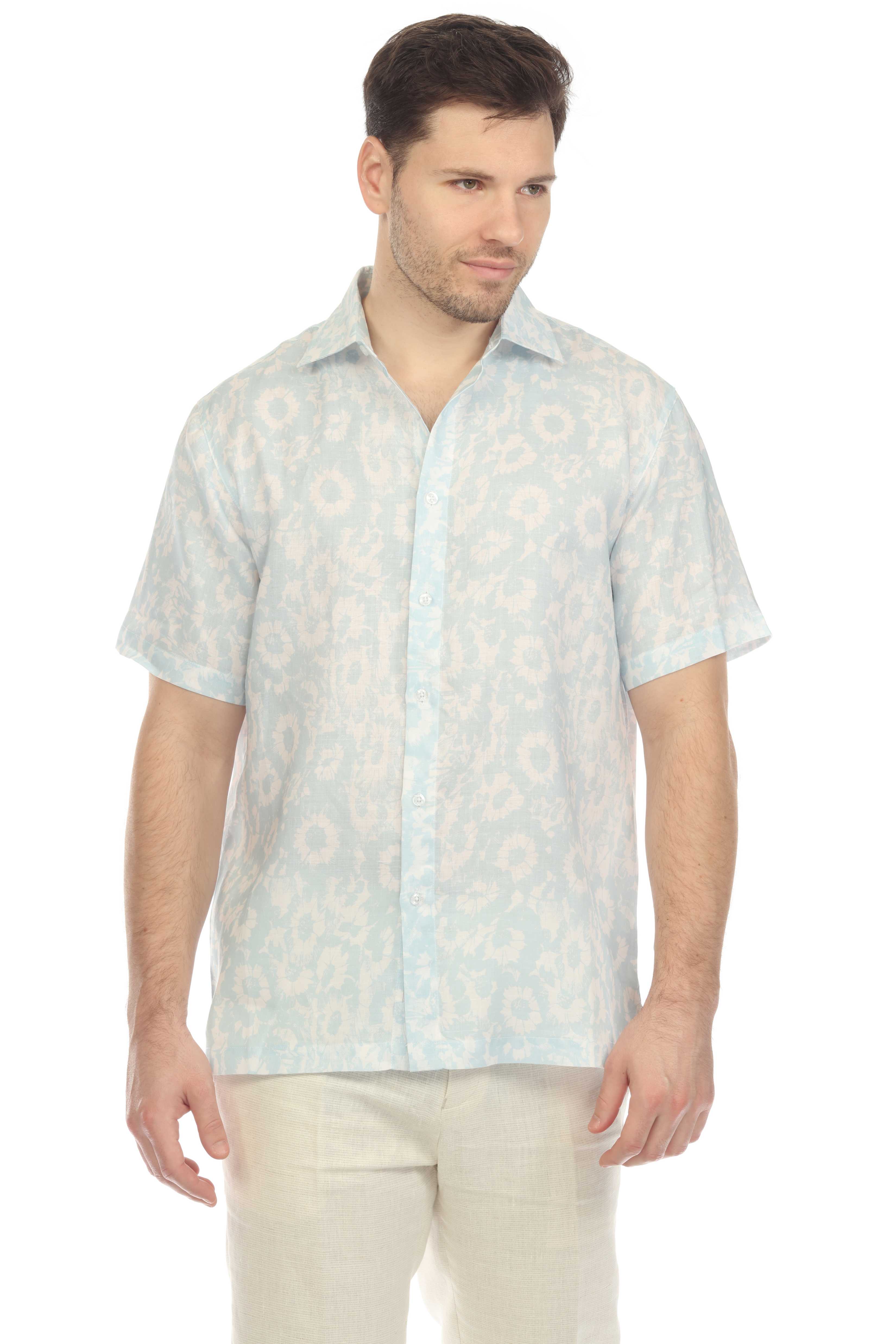 Men's 100% Linen Short Sleeve Abstract Bloom Print Shirt