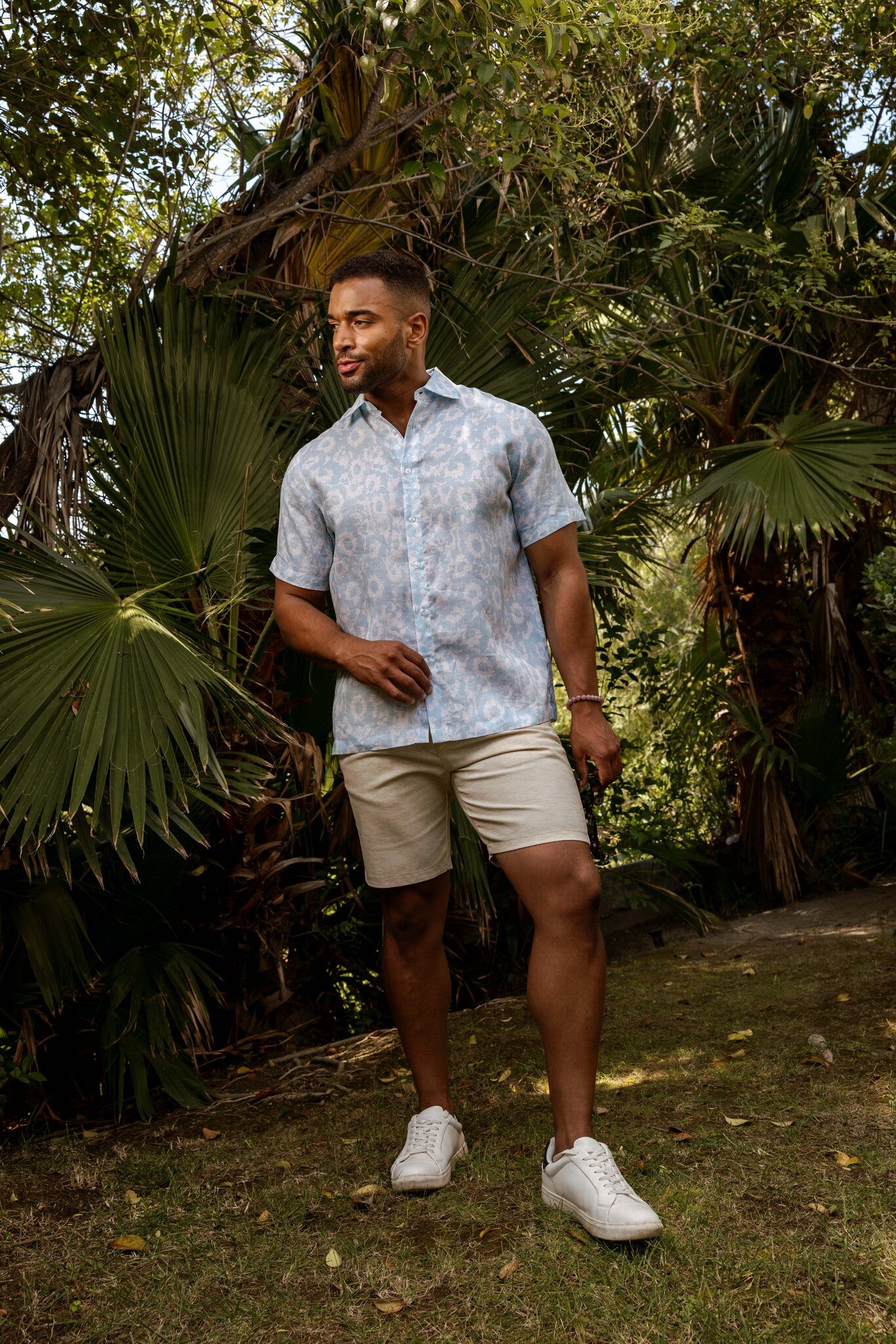 Men's 100% Linen Short Sleeve Abstract Bloom Print Shirt