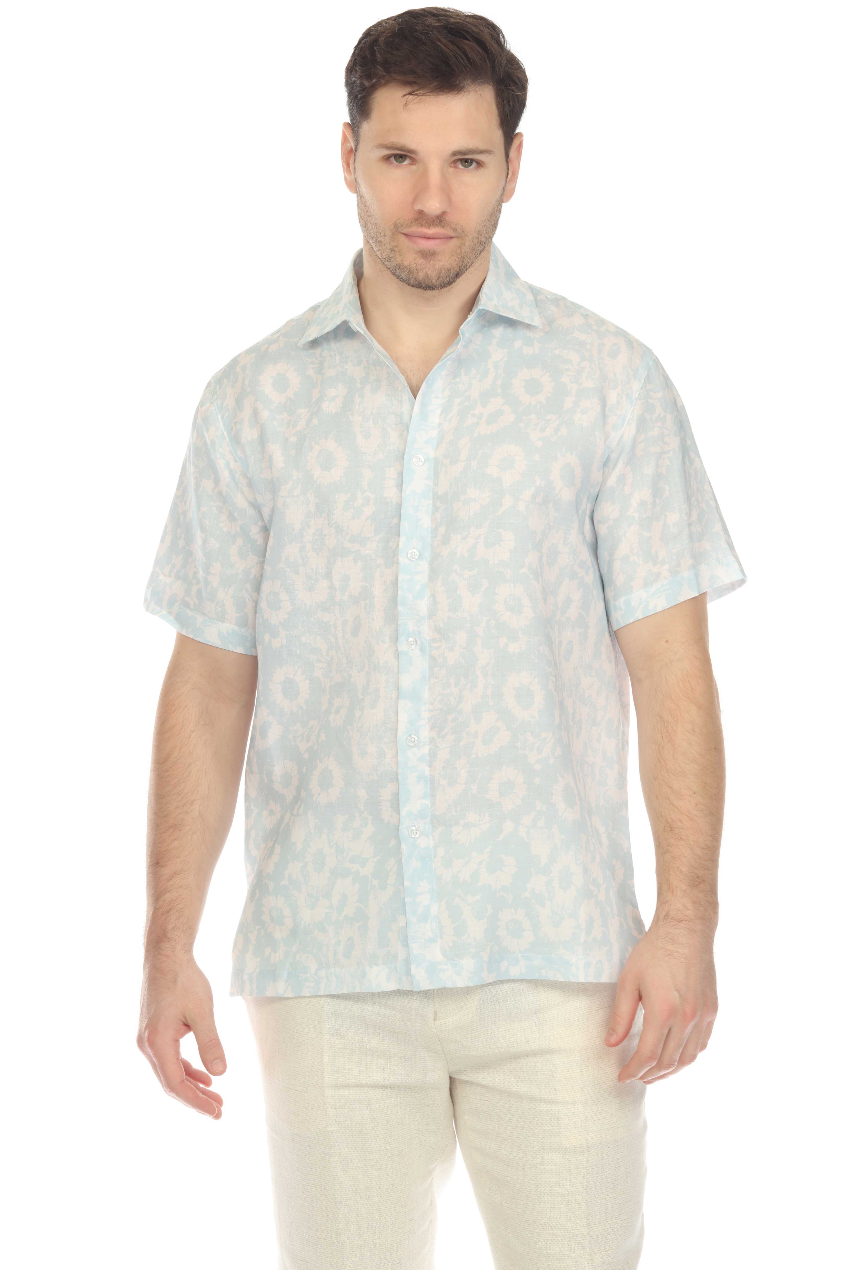 Men's 100% Linen Short Sleeve Abstract Bloom Print Shirt