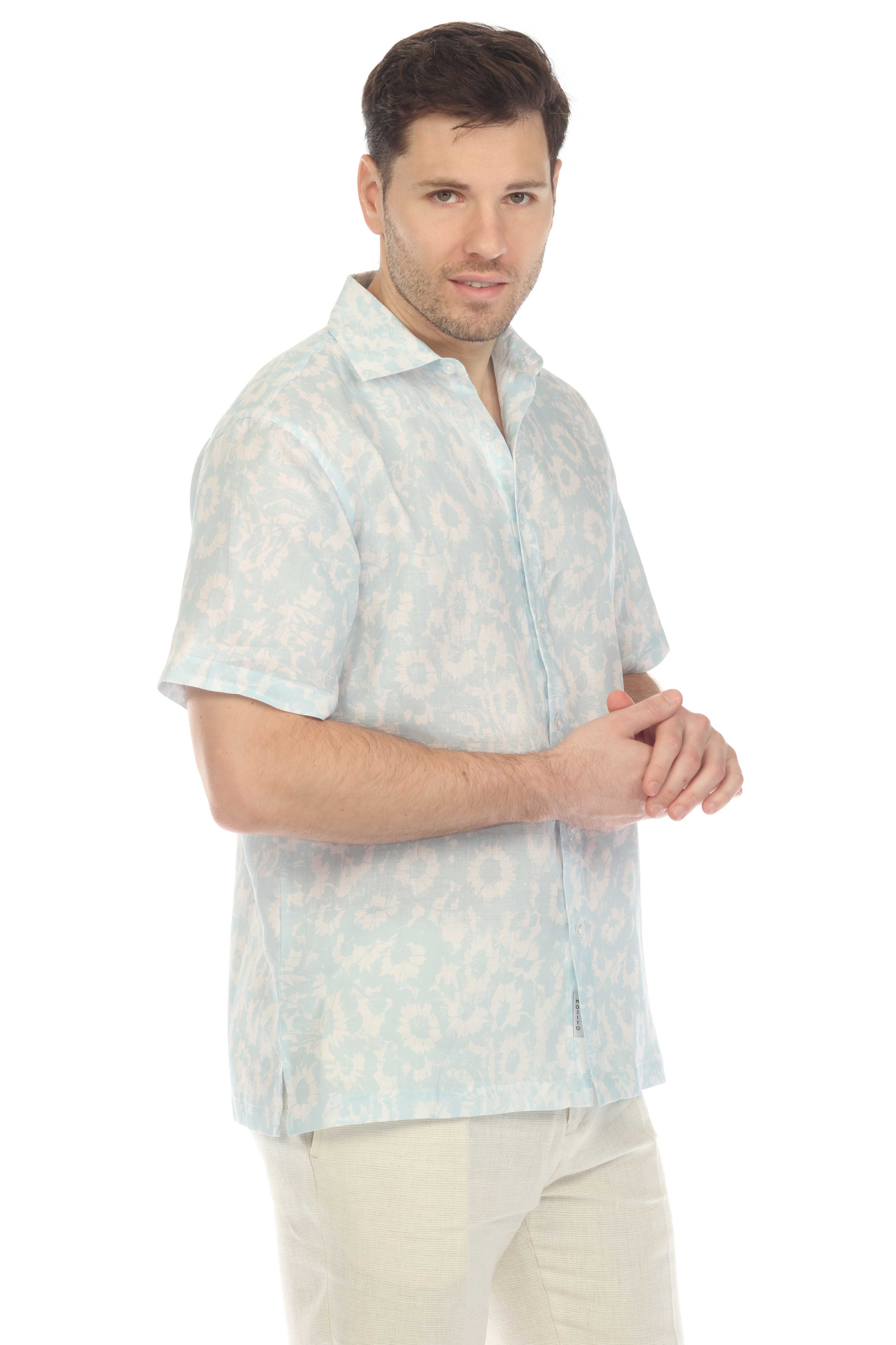 Men's 100% Linen Short Sleeve Abstract Bloom Print Shirt