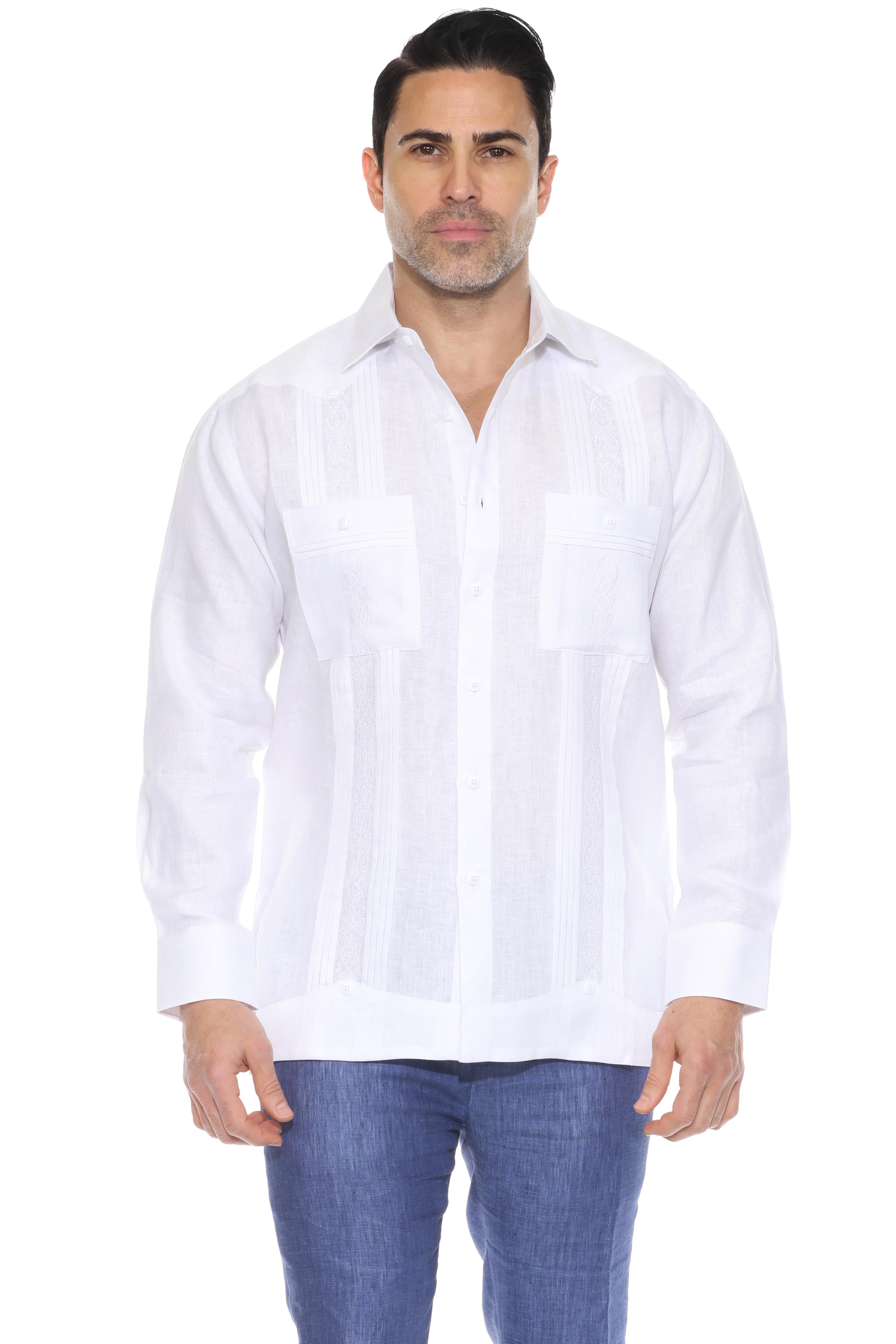 Men's 100% Linen Guayabera Shirt Long Sleeve with Embroidery and Pin Tuck Trim Accent