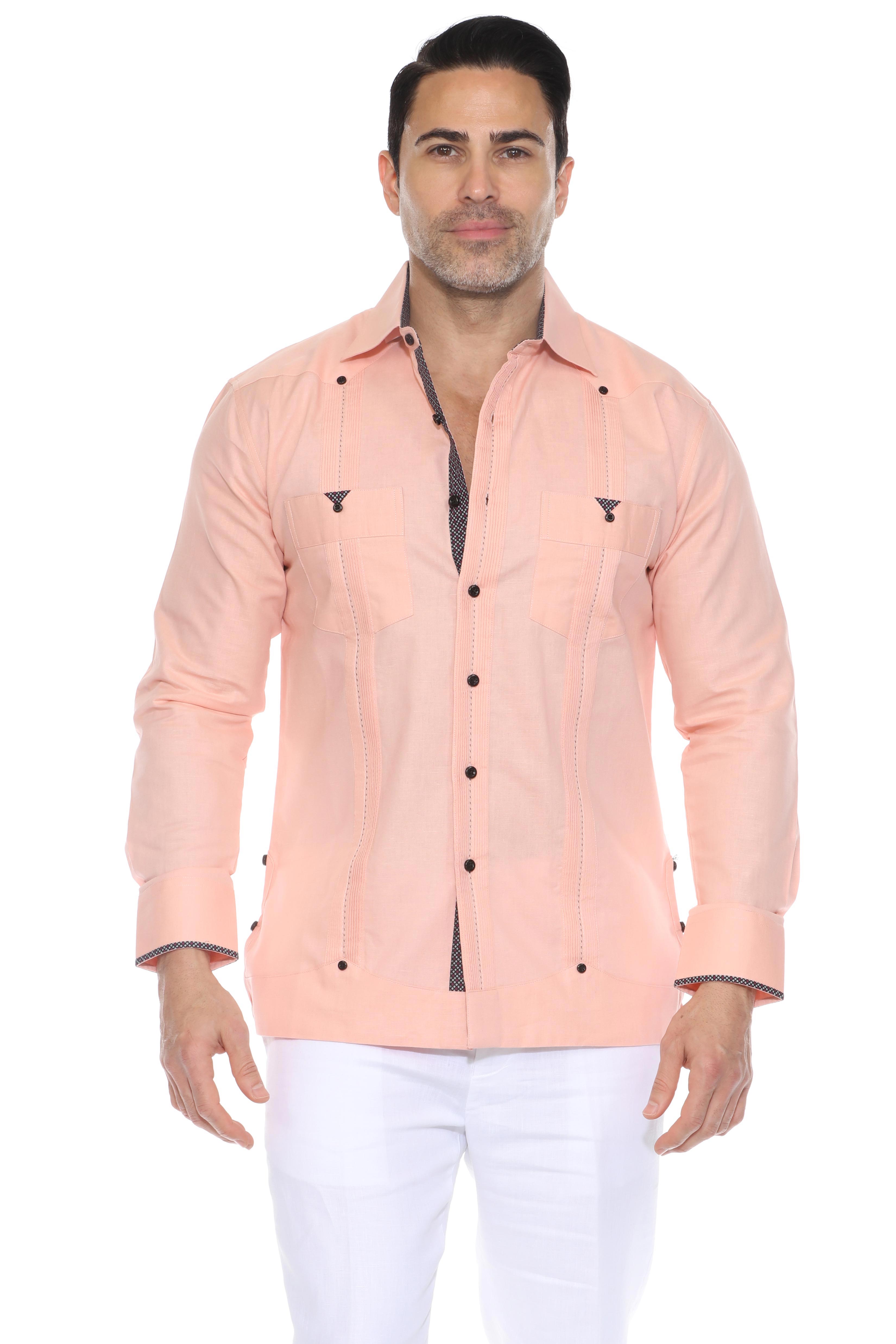 Camisa Guayabera Chacabana 100% Lino para Hombre, Manga Larga con Estampado