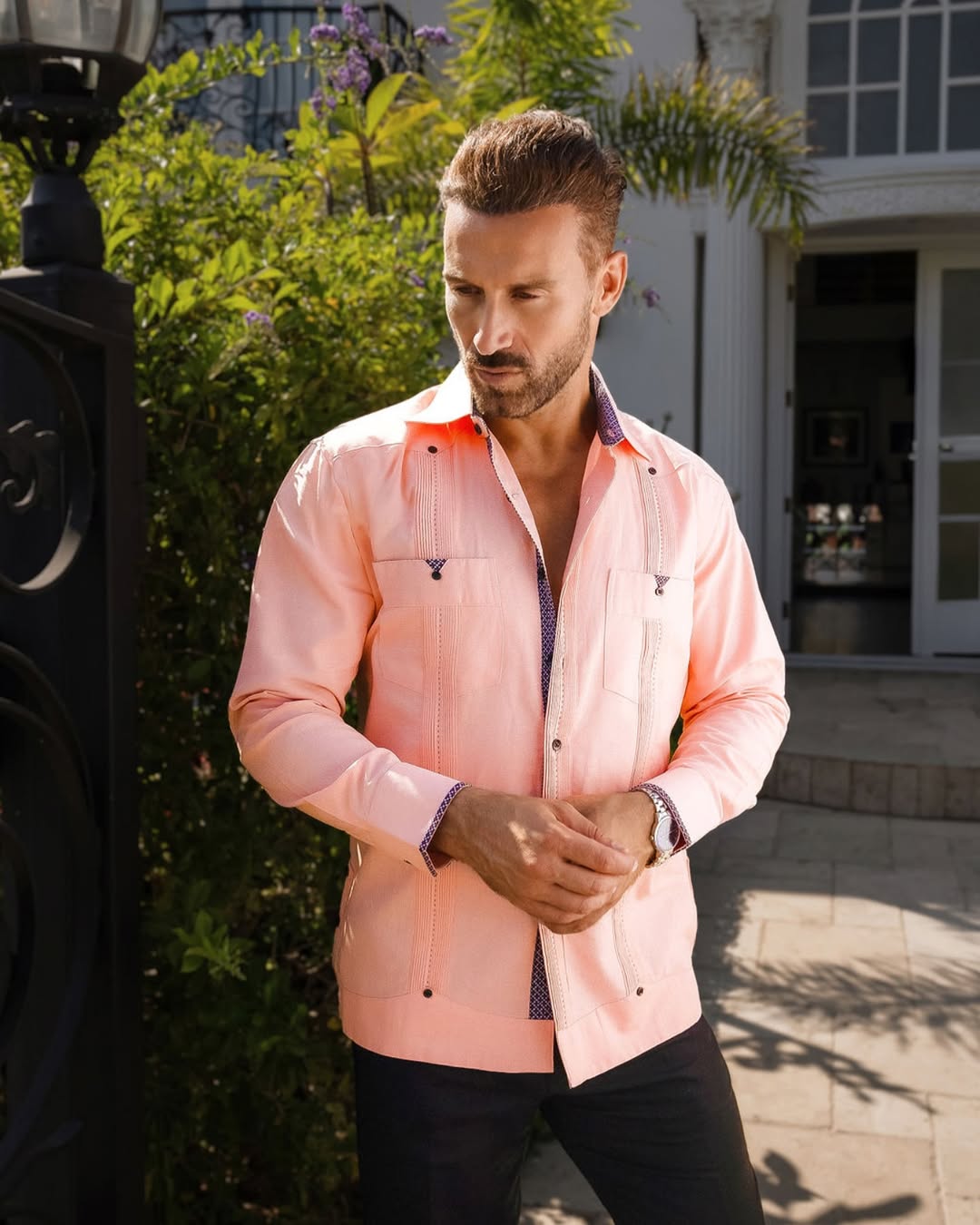 Camisa guayabera de lino 100 % para hombre, manga larga, con detalle estampado