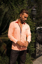 Camisa guayabera de lino 100 % para hombre, manga larga, con detalle estampado