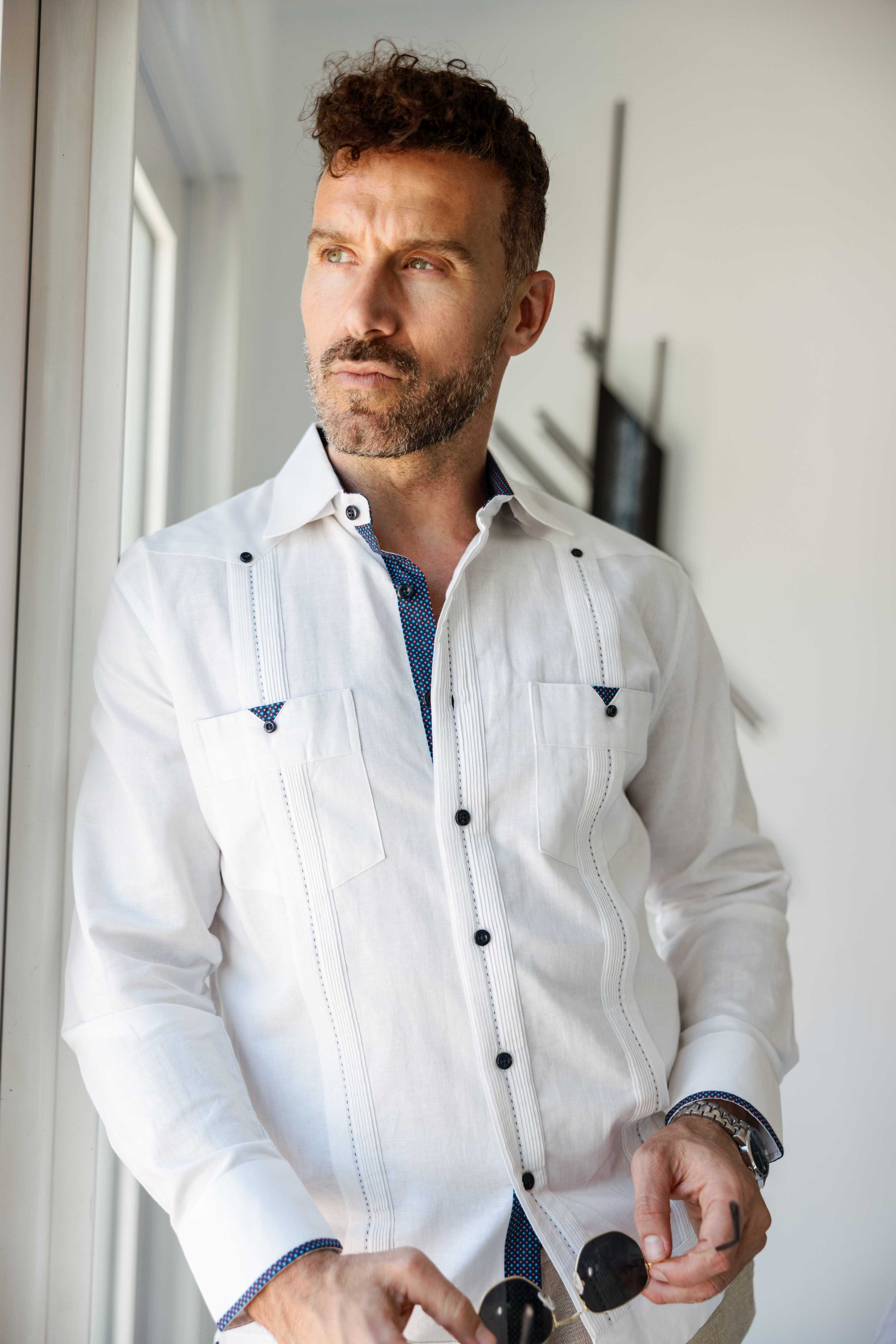 Camisa guayabera de lino 100 % para hombre, manga larga, con detalle estampado