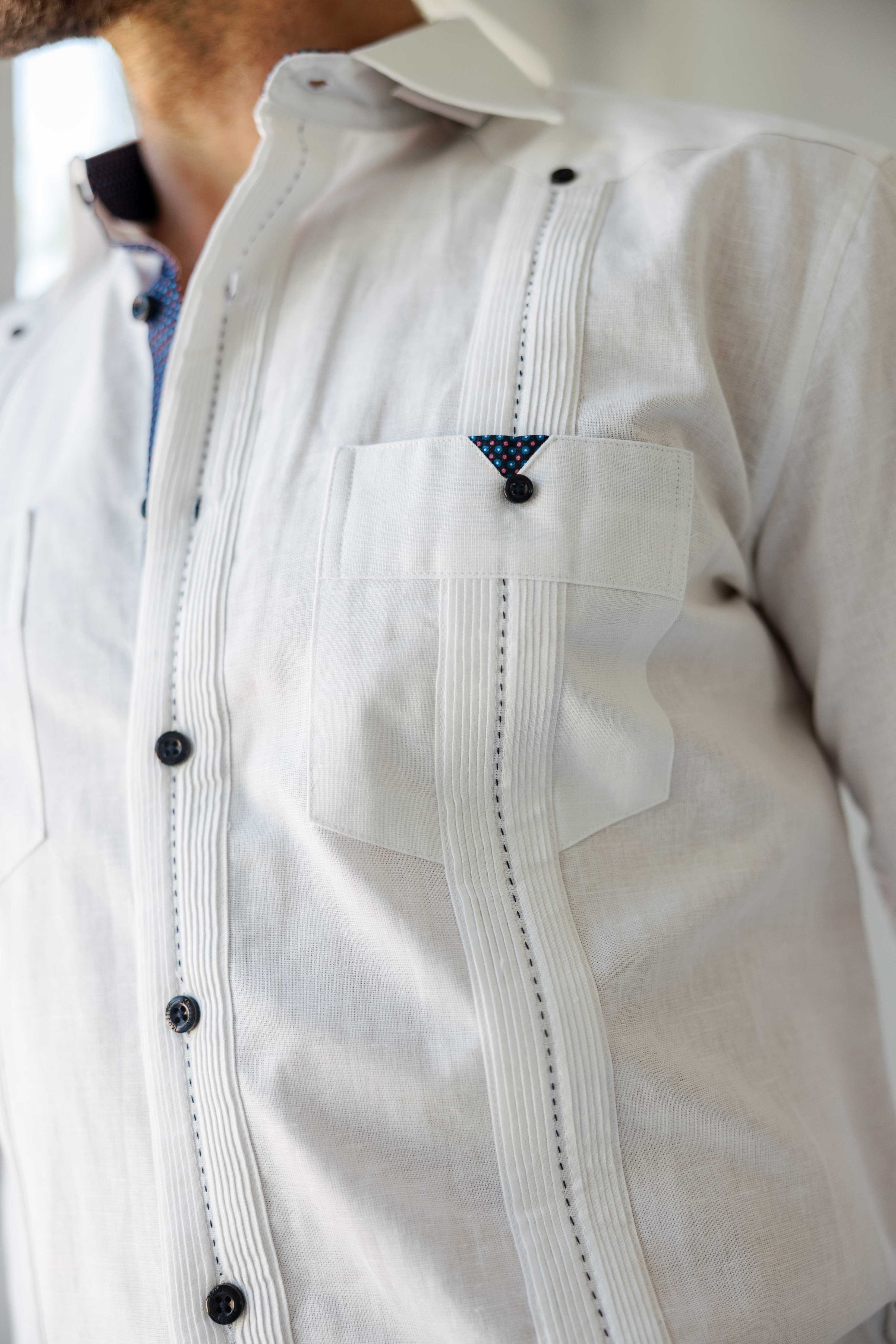 Camisa guayabera de lino 100 % para hombre, manga larga, con detalle estampado