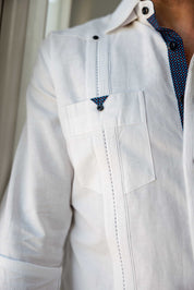 Camisa guayabera de lino 100 % para hombre, manga larga, con detalle estampado