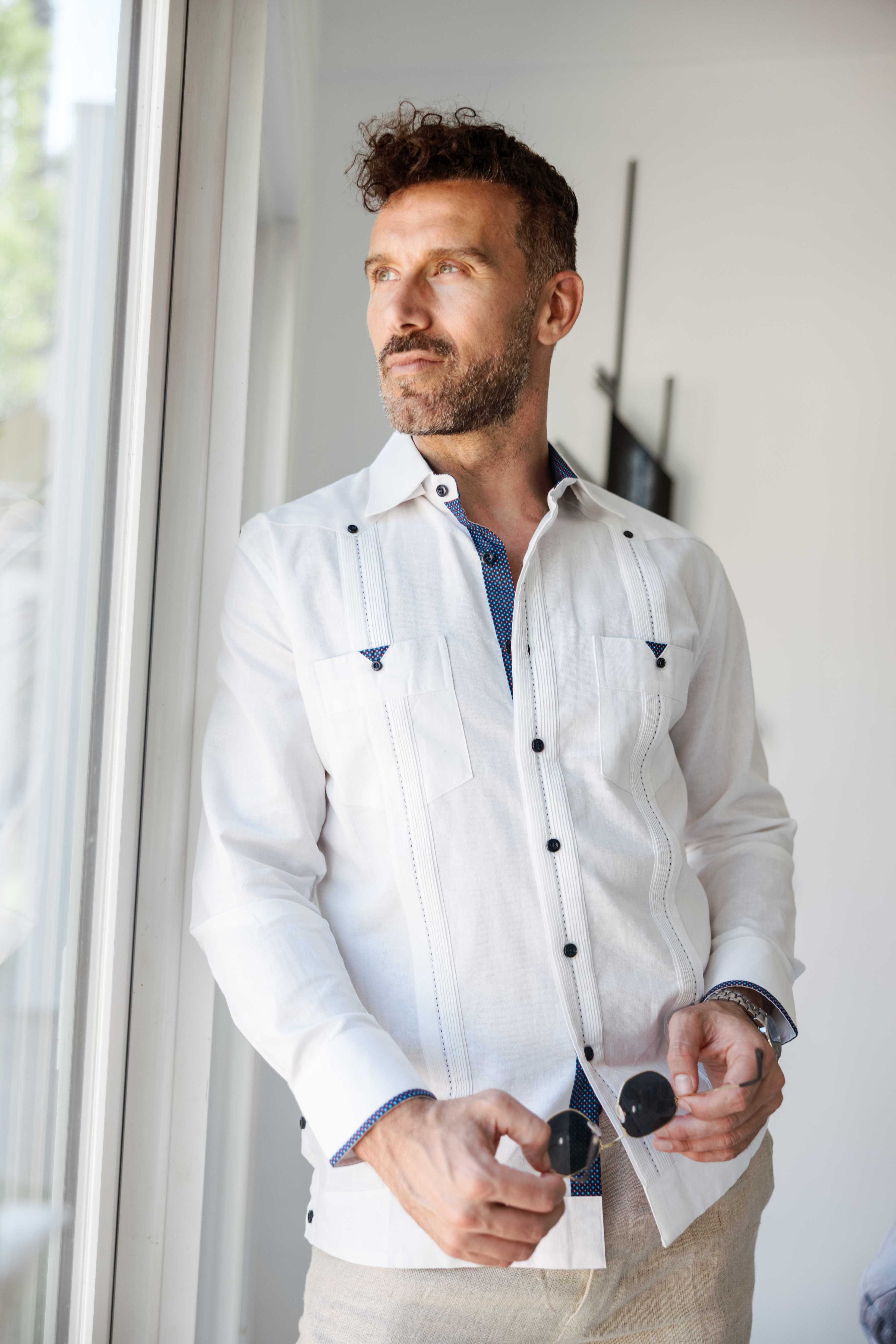 Camisa guayabera de lino 100 % para hombre, manga larga, con detalle estampado