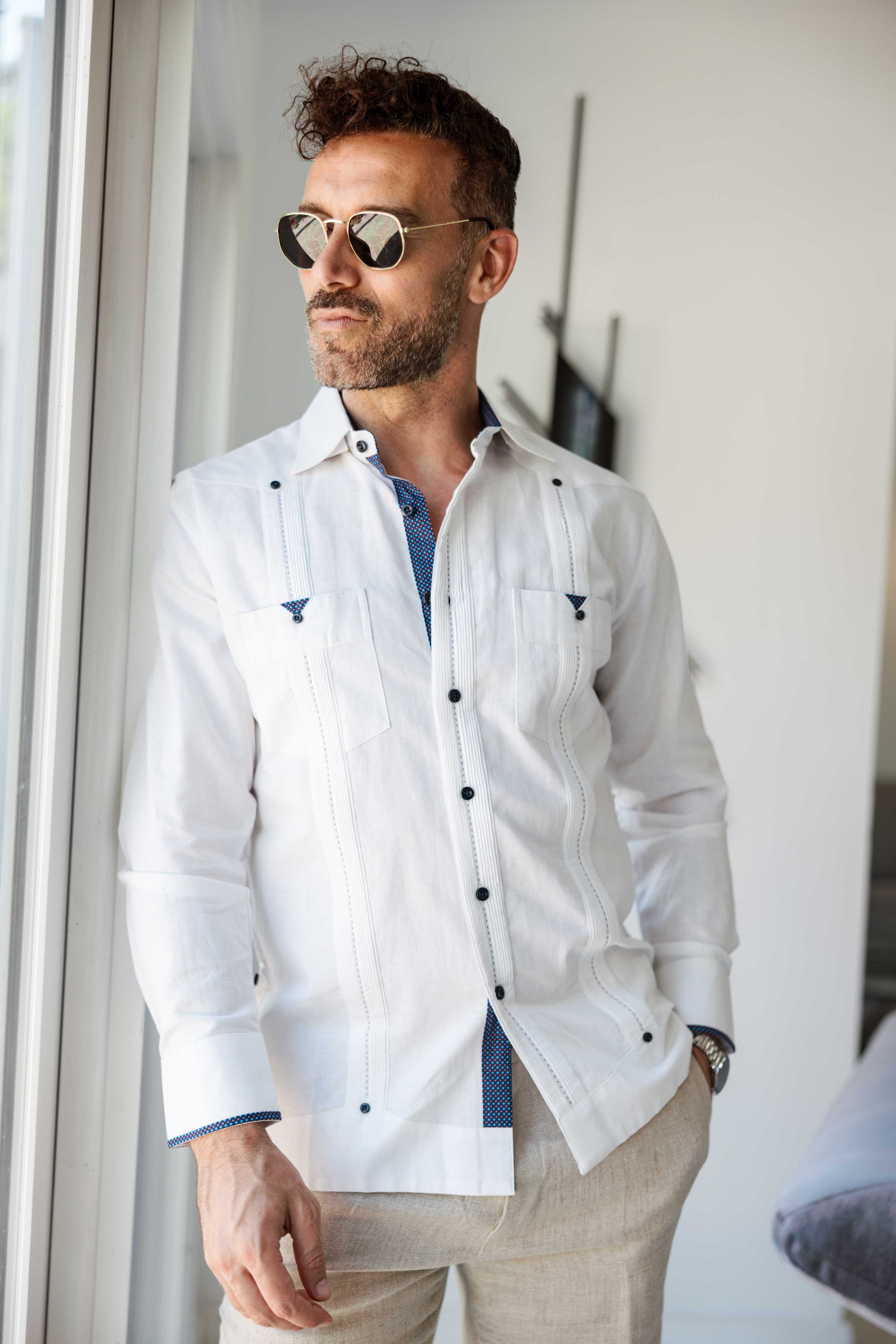 Camisa guayabera de lino 100 % para hombre, manga larga, con detalle estampado