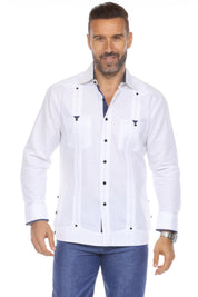 Camisa guayabera de lino 100 % para hombre, manga larga, con detalle estampado