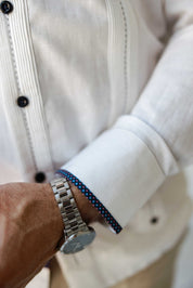 Camisa guayabera de lino 100 % para hombre, manga larga, con detalle estampado