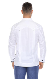 Camisa guayabera de lino 100 % para hombre, manga larga, con detalle estampado