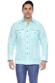 Men's 100% Linen Guayabera Shirt Long Sleeve with Pop-Color Pocket Trim
