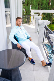 Men's 100% Linen Guayabera Shirt Long Sleeve with Pop-Color Pocket Trim