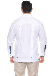 Men's 100% Linen Guayabera Shirt Long Sleeve with Pop-Color Pocket Trim