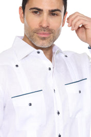 Men's 100% Linen Guayabera Shirt Long Sleeve with Pop-Color Pocket Trim