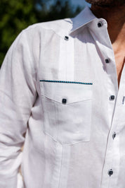 Men's 100% Linen Guayabera Shirt Long Sleeve with Pop-Color Pocket Trim