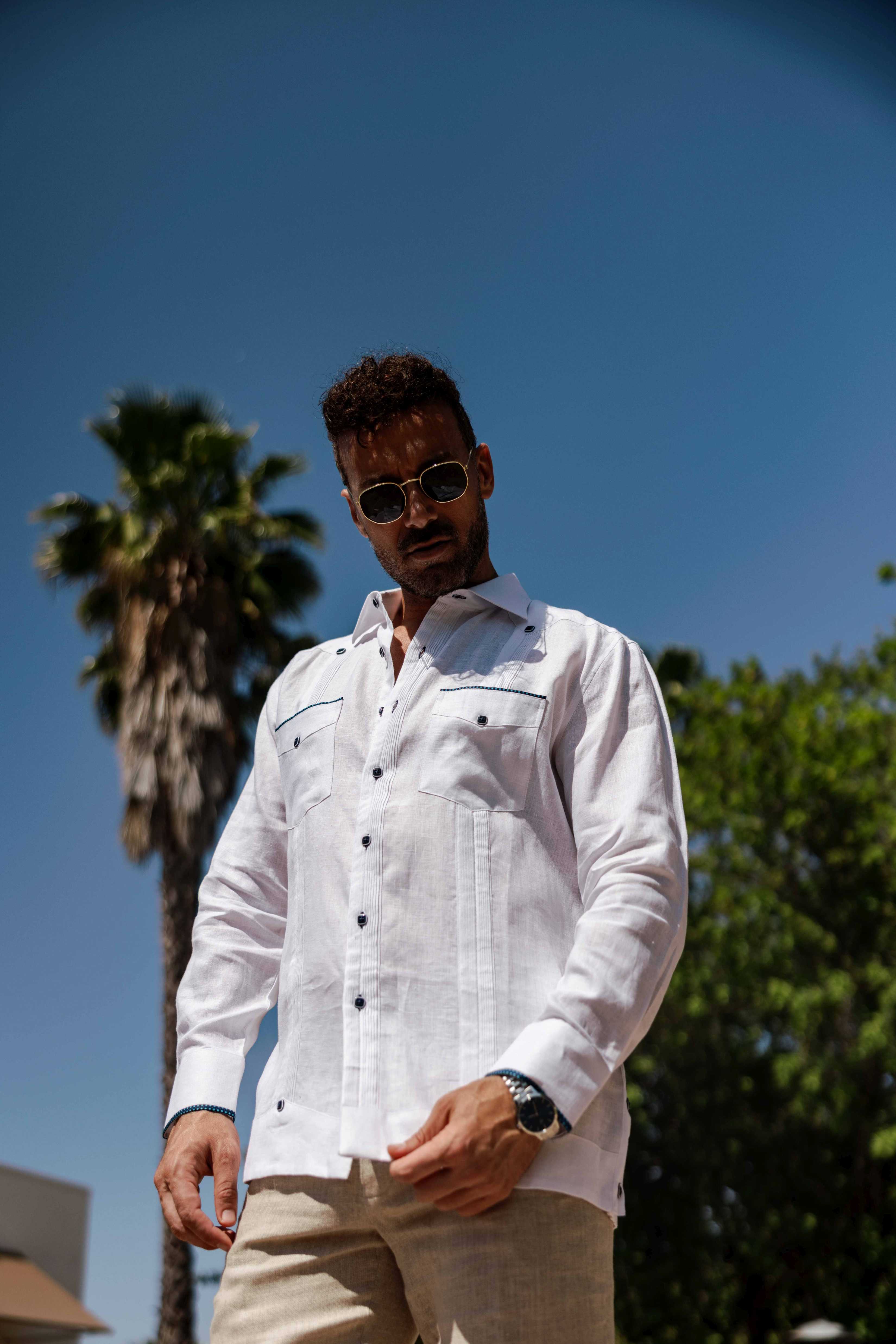 Men's 100% Linen Guayabera Shirt Long Sleeve with Pop-Color Pocket Trim