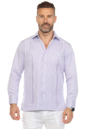Camisa Guayabera de Rayas de Mezcla de Algodón para Hombre Manga Larga
