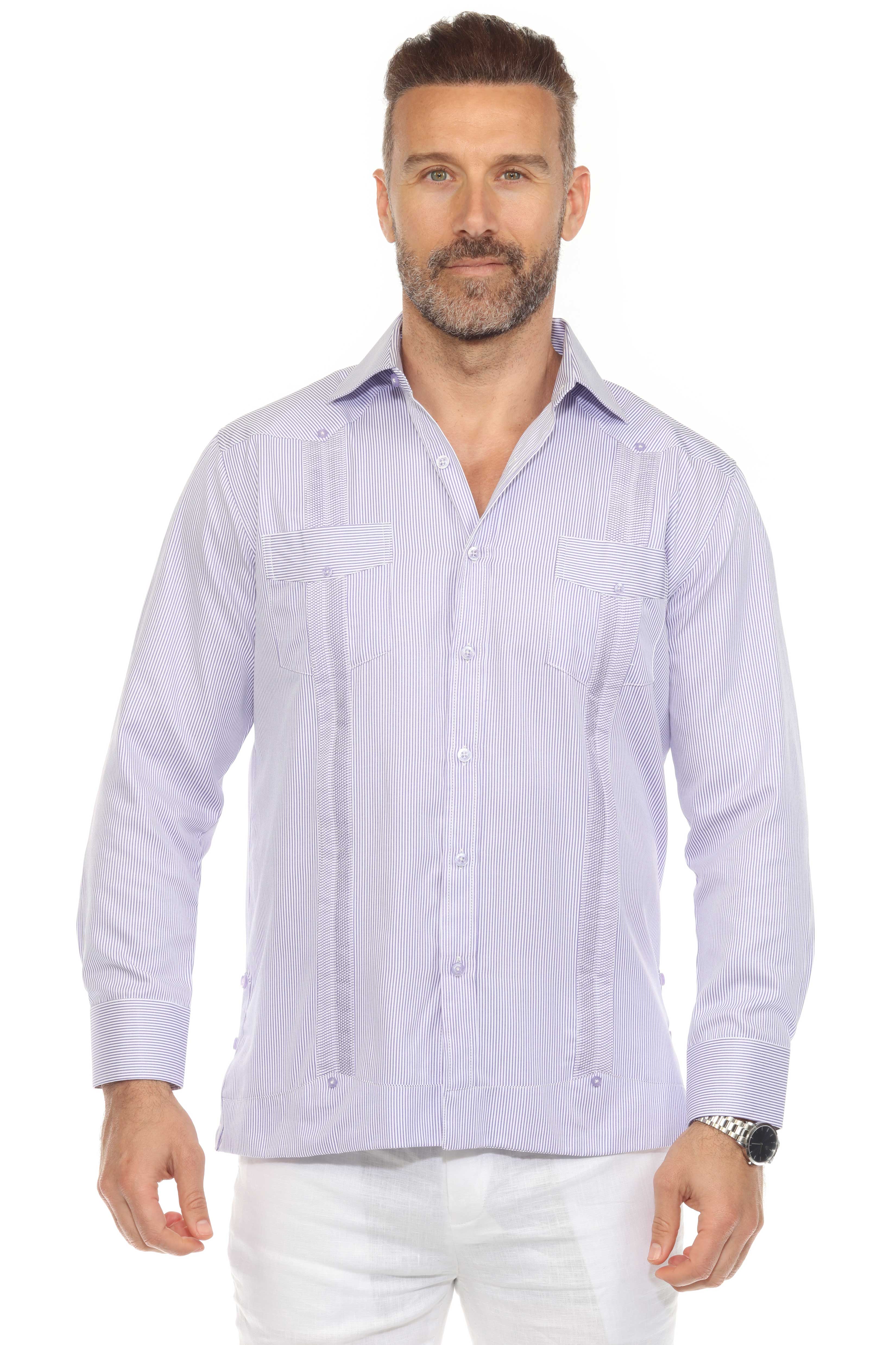 Camisa Guayabera de Rayas de Mezcla de Algodón para Hombre Manga Larga