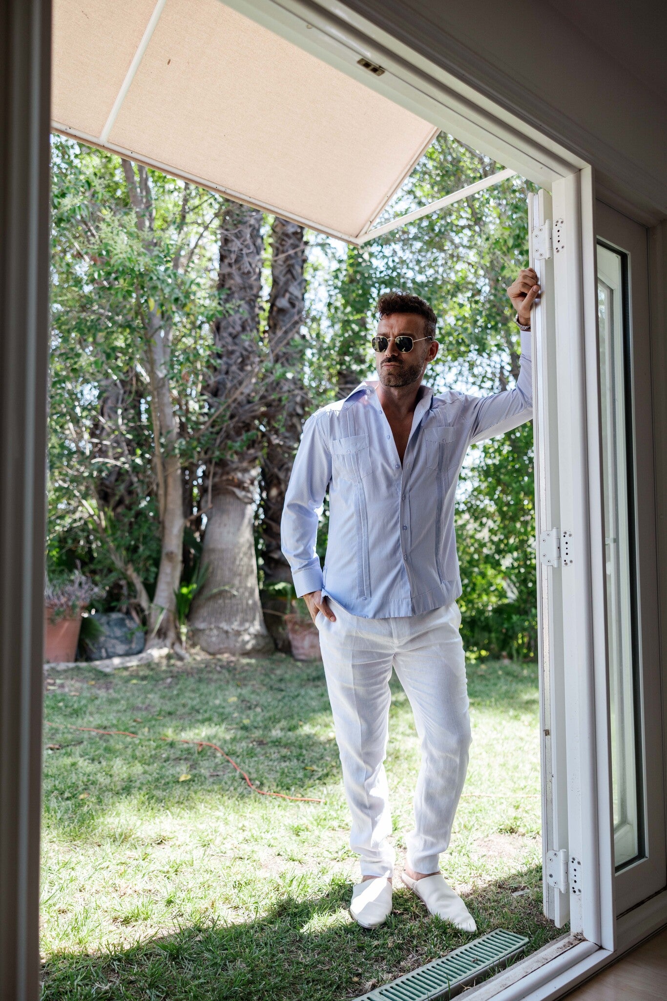 Camisa Guayabera de Rayas de Mezcla de Algodón para Hombre Manga Larga