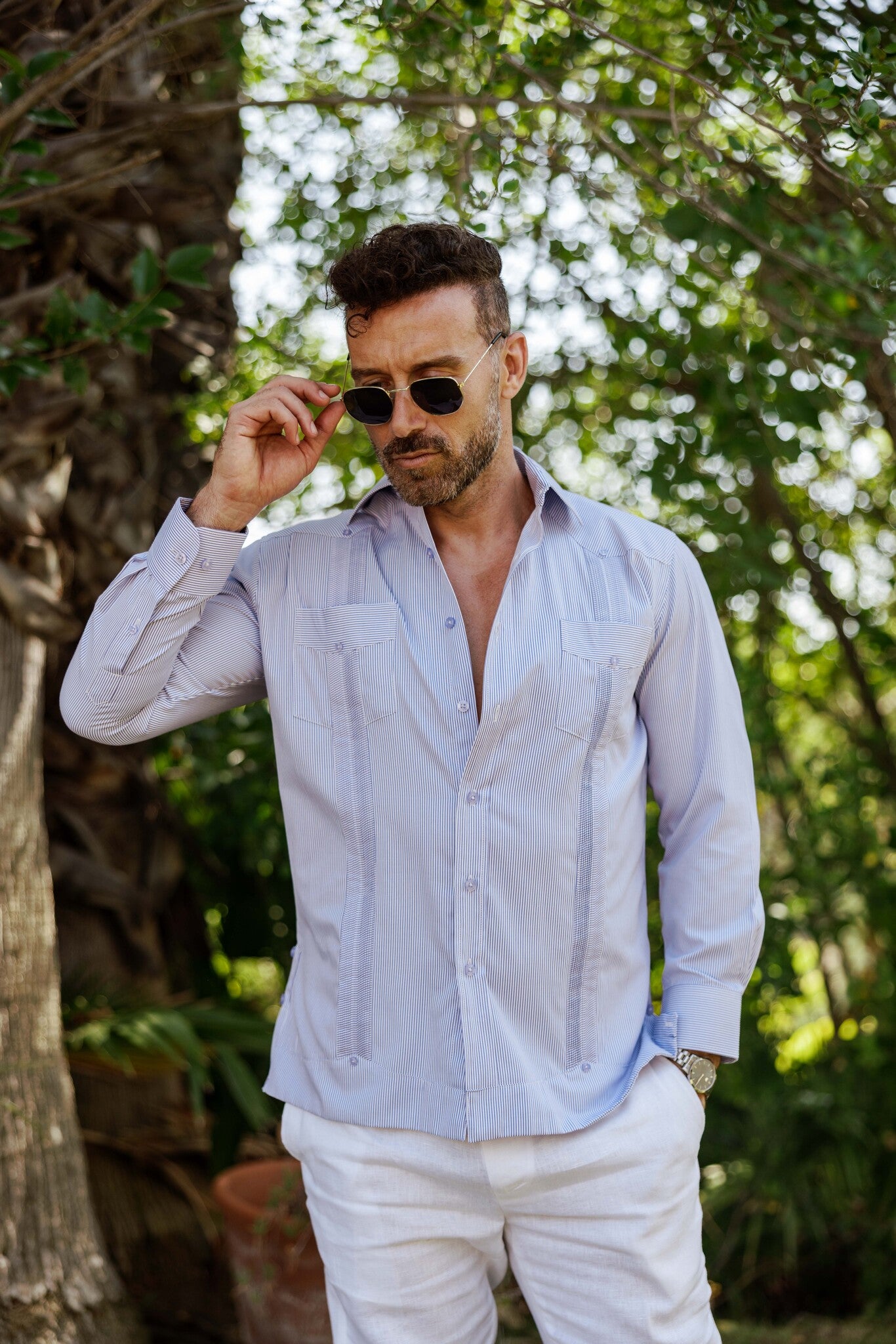 Camisa Guayabera de Rayas de Mezcla de Algodón para Hombre Manga Larga