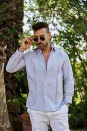 Camisa Guayabera de Rayas de Mezcla de Algodón para Hombre Manga Larga