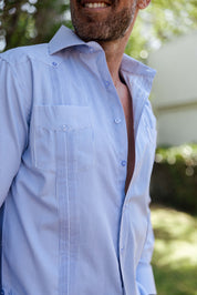 Camisa Guayabera de Rayas de Mezcla de Algodón para Hombre Manga Larga