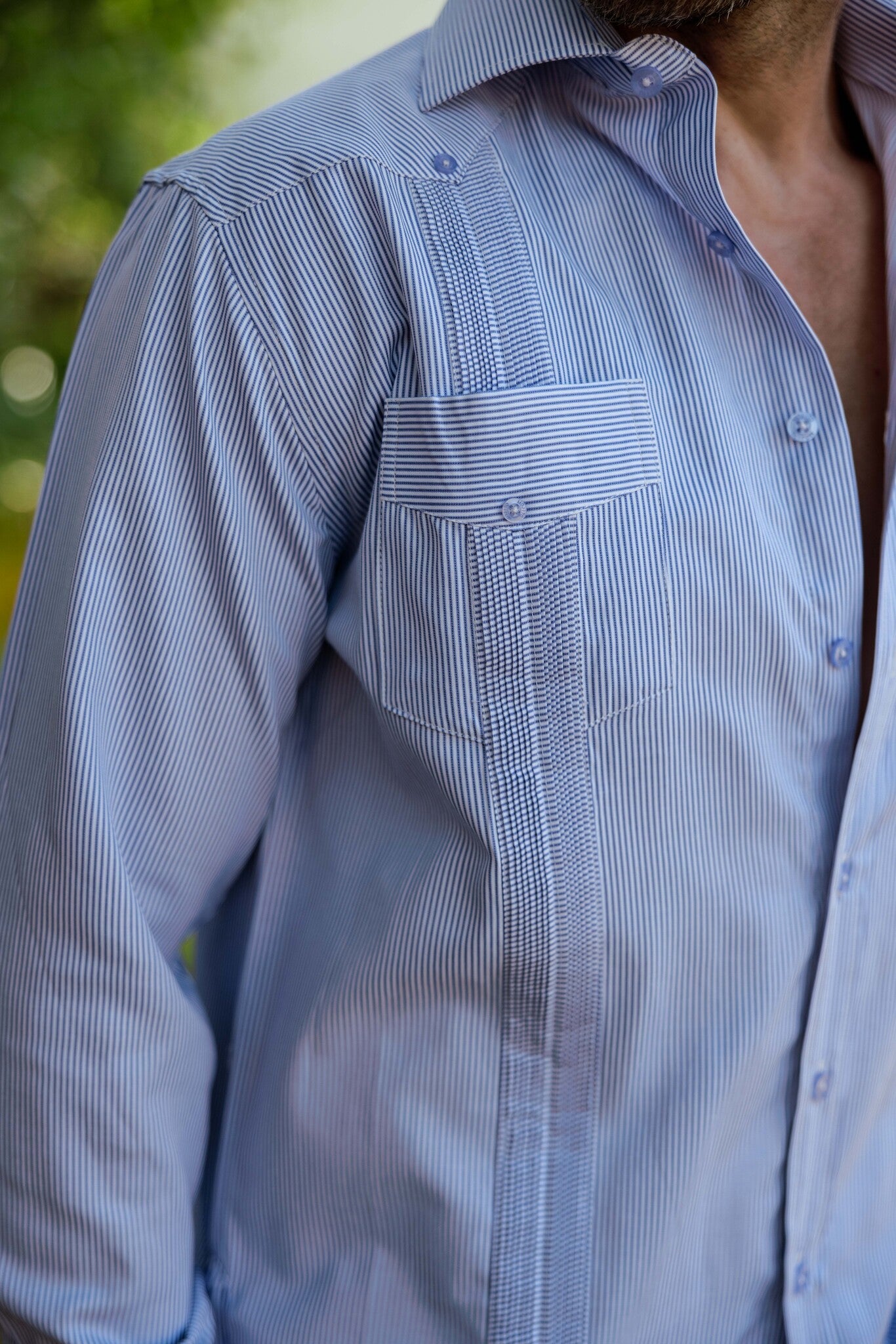 Camisa Guayabera de Rayas de Mezcla de Algodón para Hombre Manga Larga