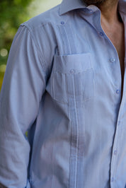 Camisa Guayabera de Rayas de Mezcla de Algodón para Hombre Manga Larga